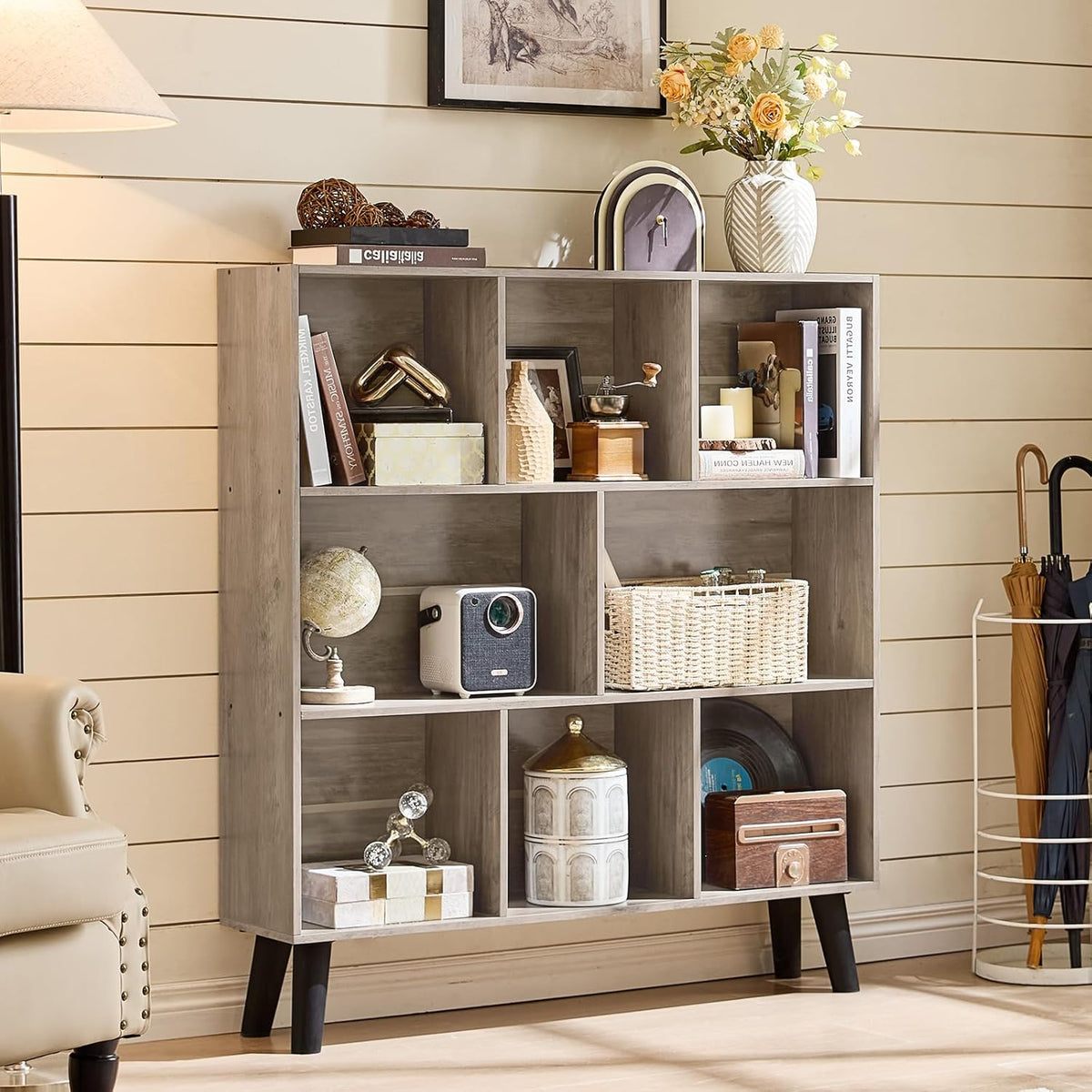 LEYAOYAO 8 Cube Bookshelf,3 Tier Bookcase with Legs,Modern Grey Mid-Century Bookshelves,Large Farmhouse Open Storage Organizer Shelf, Retro Wooden Display Book Case for Bedroom,Living Room,Office