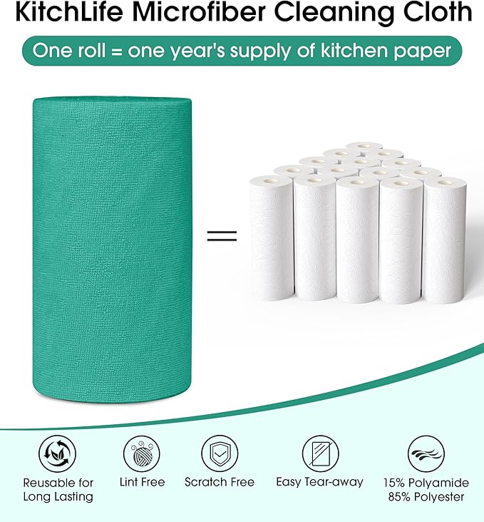 KitchLife Microfiber Cleaning Cloth Roll, 100 Pack - Tear-Away Microfiber Paper Towels, Lint-Free, Reusable, Washable for Kitchen, Car, Dishes, and Sensitive Surfaces (Forest Green)