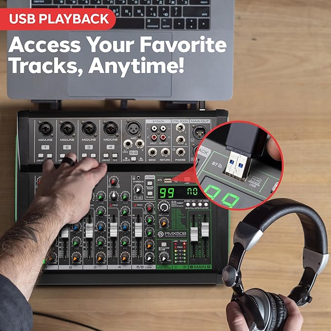 Pyle 8-Channel Audio Mixer, USB Interface, MP3 Compatible, XLR Inputs and LED