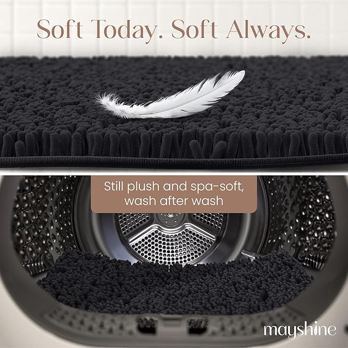 MAYSHINE Plush Shaggy Chenille Bath Mat | Extra Soft, Super Absorbent, Non-Slip Bathroom Rug | Fluffy Microfiber, Area Rug Sets for Bathroom Floor, Kitchen, Living Room | 23"x14" | Black