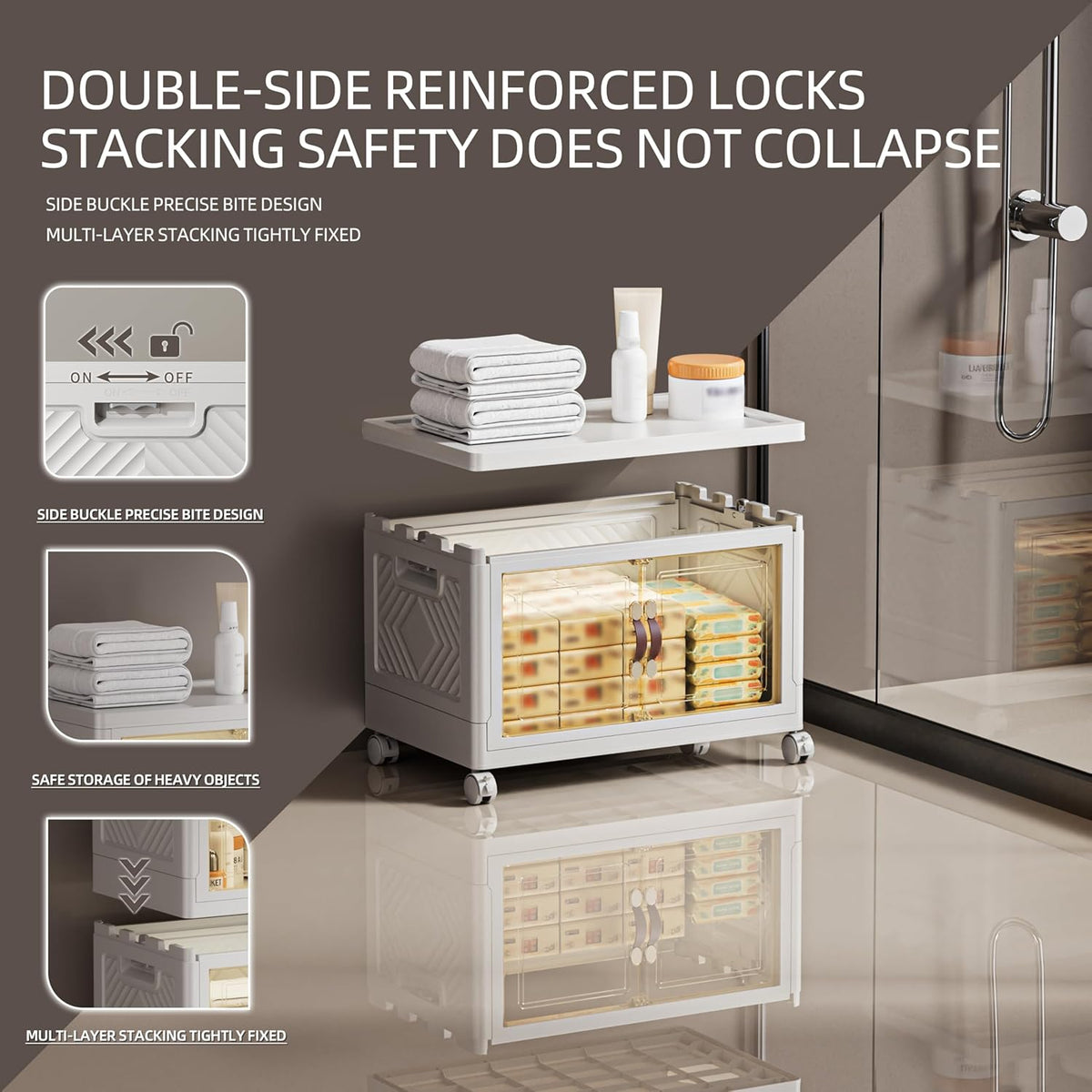 68 QT / 17 Gal White Storage Bins with 1 Lid - Collapsible Stackable Cabinet Organizer w/Wheels & Magnetic Doors, Plastic Storage Box for Office Closet Organization