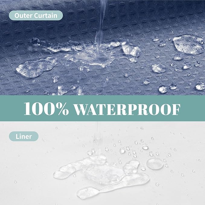 eachope MoonLightBlue No Hook Waffle Weave Shower Curtain with snap-in Liner Replacement, 230GSM Waterproof Fabric Hotel Shower Curtain Set for Bathroom, Through Mesh Top Window,71Wx74H