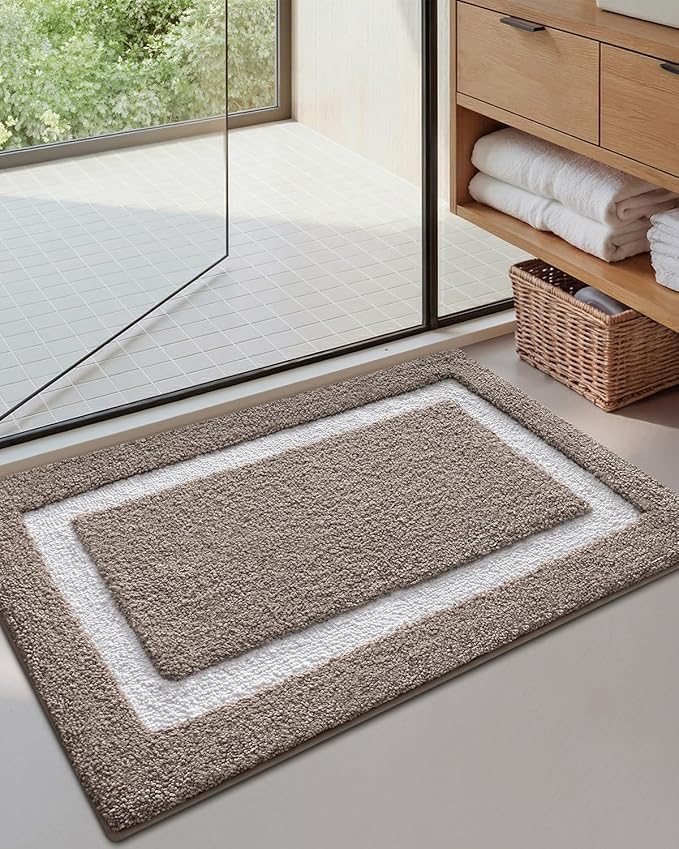 Color&Geometry Bathroom Rugs, Water Absorbent and Quick Dry Microfiber Bath Rugs-16"x24", Non-Slip, Machine Washable, Extra Soft Plush Bath Mats for Bathroom, Laundry Room, Dark Beige White