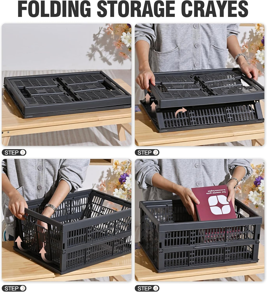 2-Pack Pastel Plastic Storage Baskets, Collapsible Crates for Organizing, Space-Saving Bins for Classroom, Kitchen, Office, Bedroom (Dark Grey, 19" x 13" x 9")