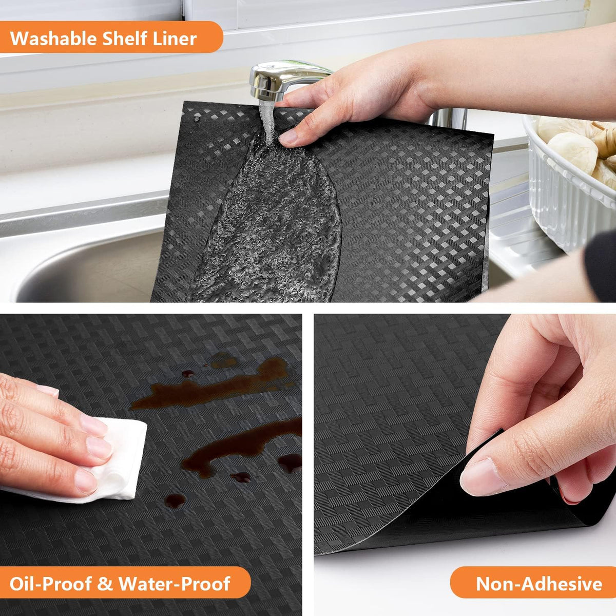 Shelf Liners for Kitchen Cabinets Refrigerator Liners Waterproof & Oil-Proof Kitchen Cupboard Liner Non-Slip Drawer Mats EVA Non Adhesive Fridge Liner for Shelves - Black 11.8 x 118 Inch