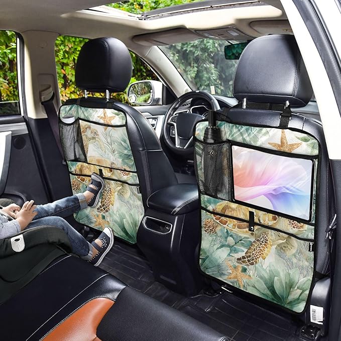 1 Pack Back Seat Car Organizer with Storage Pockets Kick Mats Back Seat Protector Hanging Car Organizer Automotive Seat Back Cover Organizers Sea Turtle Starfish Plants