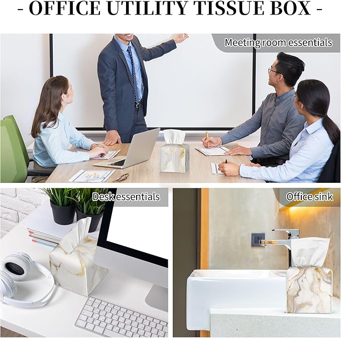 Tissue Box Cover,Grey Golden Marble Pu Leather Square Tissue Box Cover Case Organizer Cube Holder for Bathroom Vanity Countertop Night Stands Office Desk & Car 5.2X5.2X5.2''