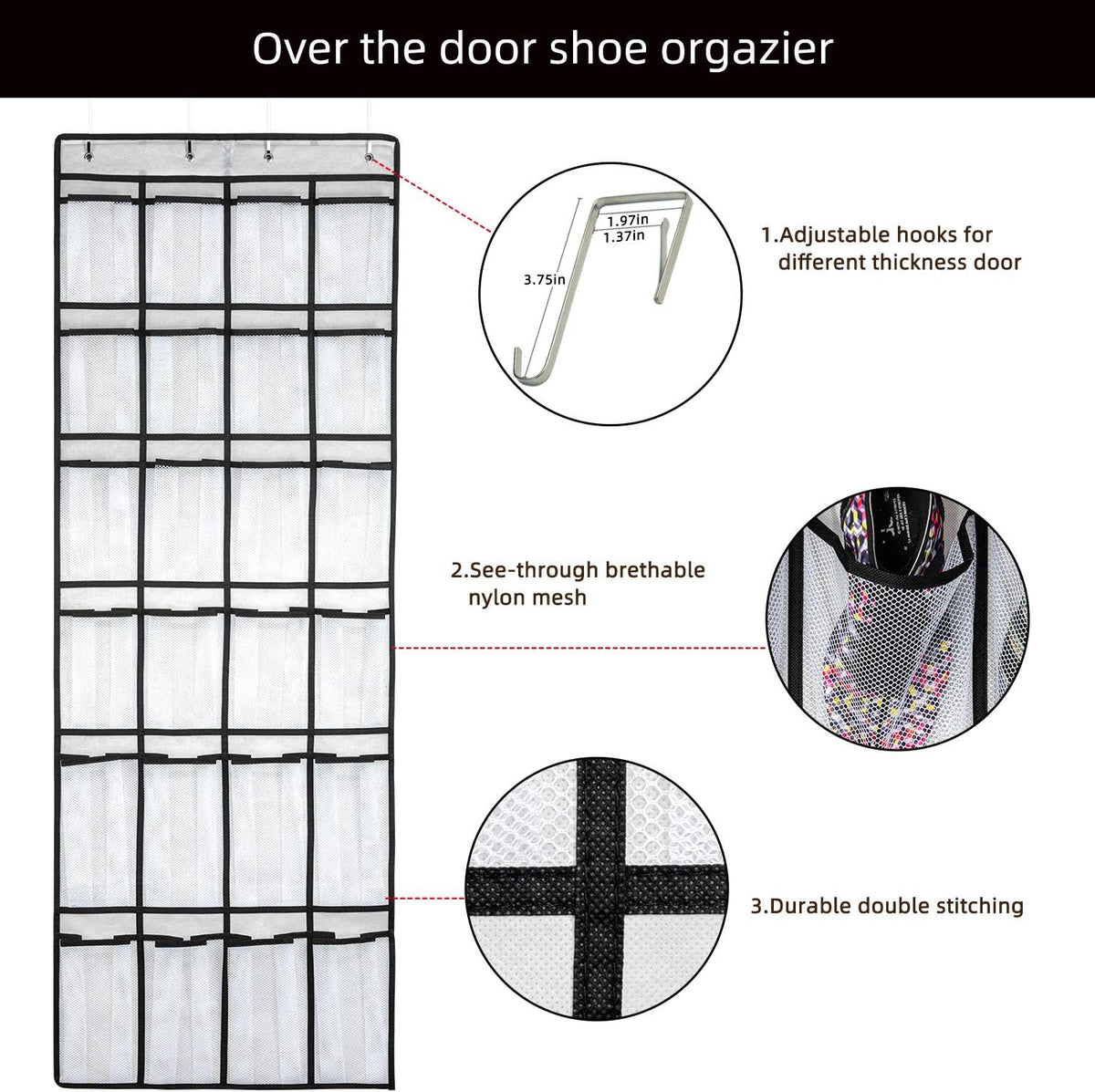 Over the Door Shoe Organizer, Hanging Shoe Organizer with 24 Mesh Large Pockets Door Shoe Rack Organizer for Men Women Kids Hanging Shoe Storage Bag.(White