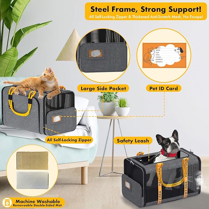 PAWZIDEA Expandable Pet Carrier Airline Approved, 18×11×11 Inches Small Dog Carriers, Collapsible Top-Load Cat Carrier for 2 Cats Under Seat, Soft-Sided Puppy & Animal Travel Bag, ID Card, Up to 15lbs