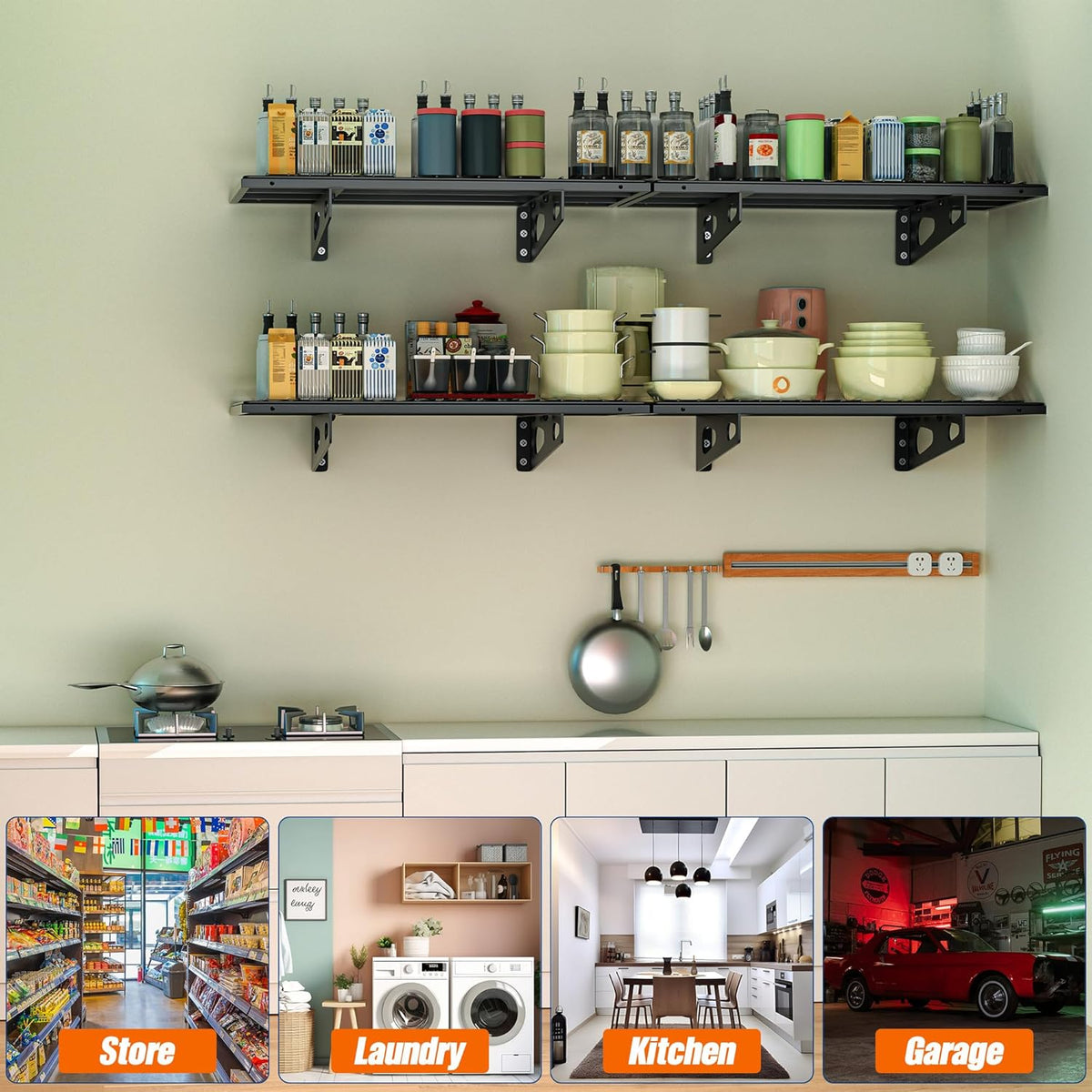 4-Pack 1.5x3FT Garage Shelving 17.7-inch-by-35.8-inch Wall Shelf Garage Storage Rack Wall Mounted Floating Shelves,Black