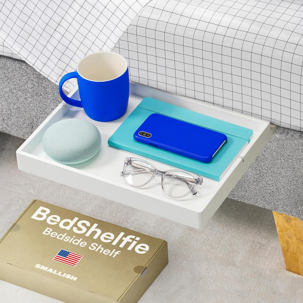 BedShelfie Bedside Shelf for Dorm Room Bunk Bed & Top Bunk, College Dorm Room Essentials, Bedside Caddy, Clip on Floating Desk Tray, Bed Side Table Storage, Loft Nightstand Decor- White Wood Slide