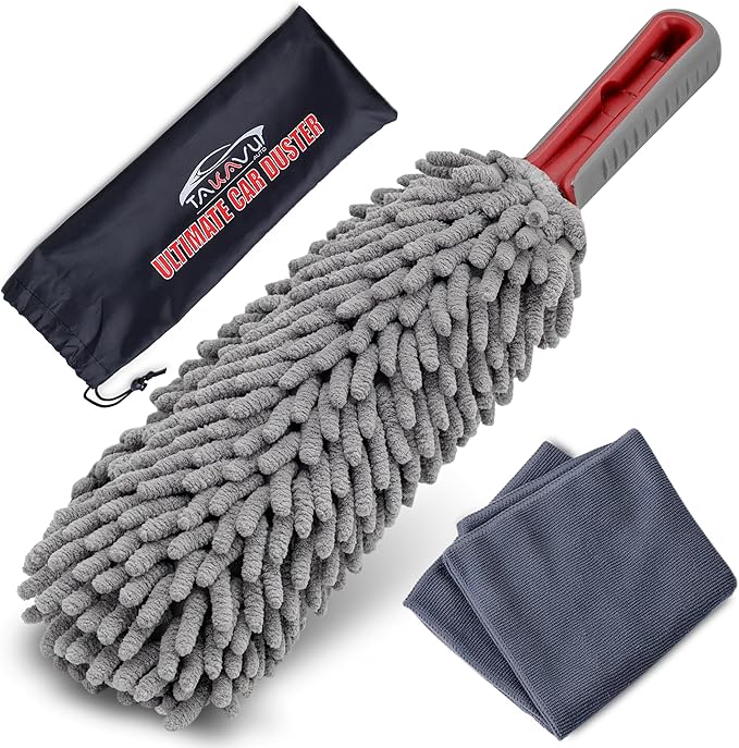 Car Duster Interior by TAKAVU, 360° Microfiber Fingers, Unbreakable Comfort Handle, Lint and Scratch Free, Include Microfiber Towel, for Car & Home Use, The Best Auto Accessories Gray