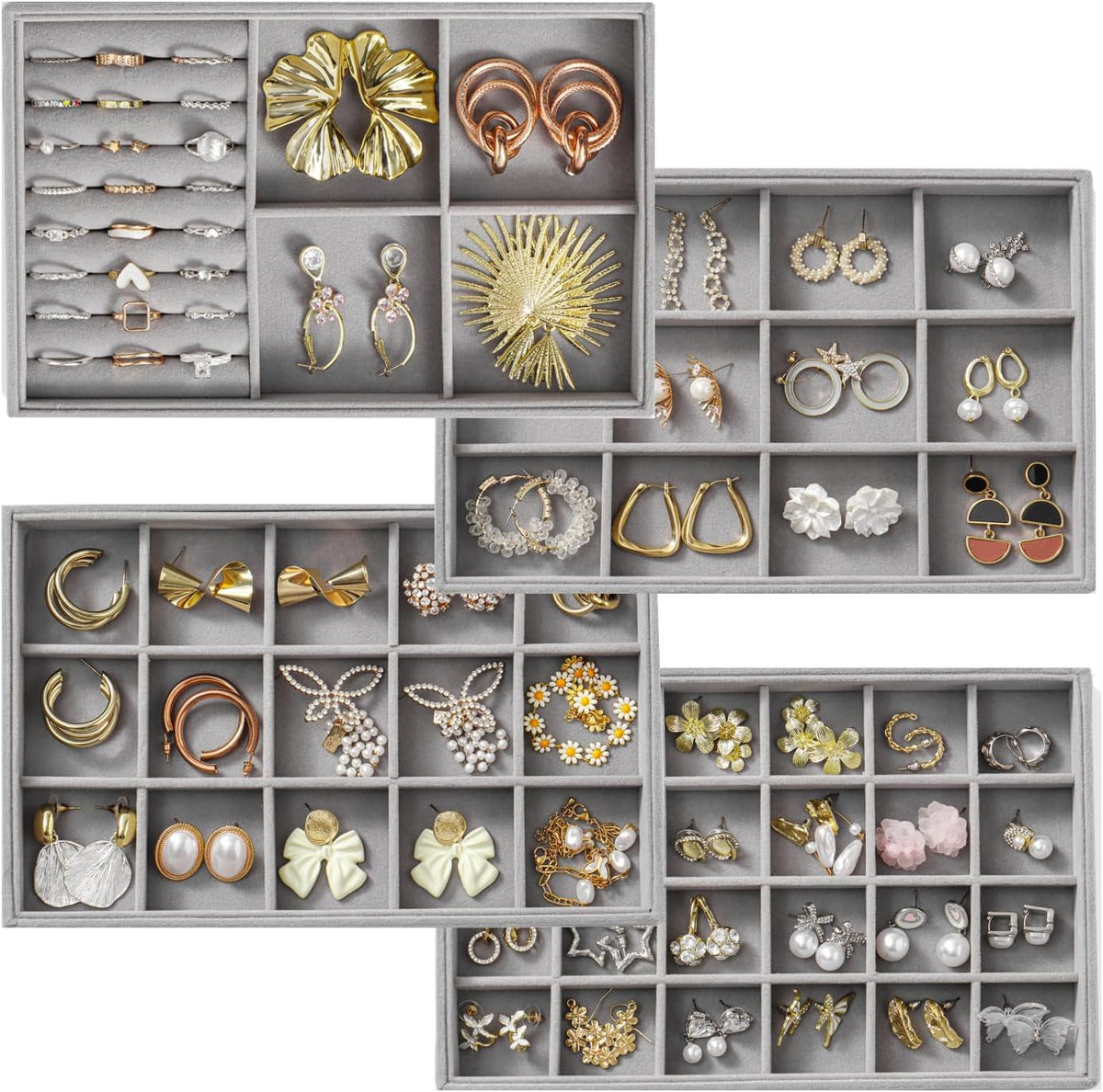 Jewelry Drawer Organizer, 4 Set of Stackable Jewelry Trays for Drawer Inserts Velvet Organizers and Display Storage for Earring Necklace Rings Bracelets (Gray)