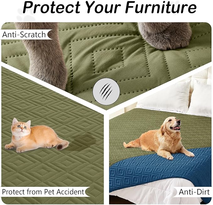 hyha Waterproof Dog Blanket, Soft Pet Bed Blankets, Waterproof Sofa Couch Cover for Dogs Washable, Reversible Pet Couch Covers for Sofa Furniture (30x53 Inch, Green/Navy Blue)