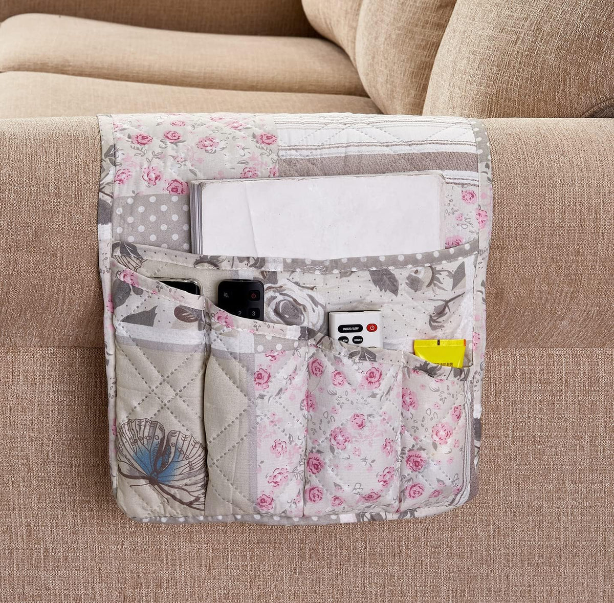 Brilliant Sunshine Grey Cupid and Pink Rose Patchwork Sofa Armrest 5 Pockets Organizer, Slip Resistant Armchair Caddy, Washable Remote Controls Holder, Storage for Magazine, Tablet, 35×13",Pink Grey