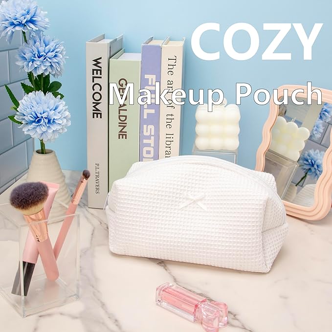 PAZIMIIK 6PCS Cozy Makeup Bag SET Travel Cosmetic Bag for Women Soft Toiletry Bag Aesthetic Makeup Organizer Portable Large Zipper Pouch for Skincare Beauty Accessories Brushes Waffle Check White