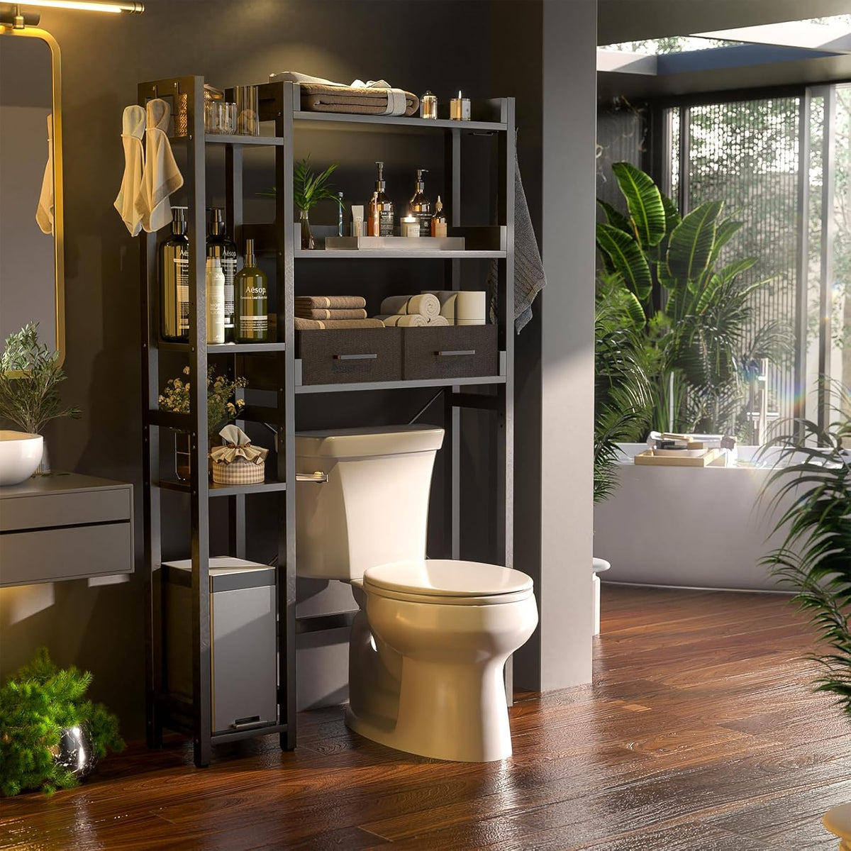 Over The Toilet Storage with 2 Drawers - 7 Tier Bathroom Organizer with Adjustable Shelf, Freestanding Space Saver Storage Rack Above Toilet Stand with 4 Hooks for Restroom, Laundry, Black