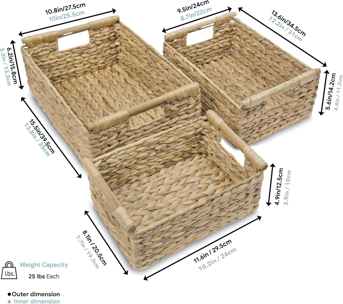 VATIMA Hyacinth Wicker Basket Set 3 size - Rectangular, Wooden Handles, Shelf Organizer, Natural Bins