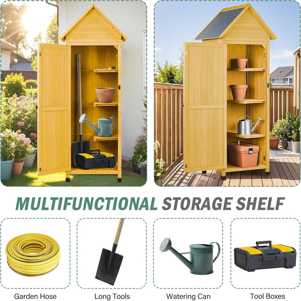 Wooden Outdoor Storage Cabinet,Tall Vertical Garden Tool Shed with Waterproof Metal Roof & Adjustable Feet – Perfect for Yard, Patio, Lawn & Deck (Yellow, 22" x 26" x 67")