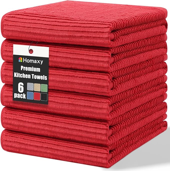 Homaxy Premium Kitchen Towels (18"x 28", 6 Pack), Large 100% Cotton Kitchen Hand Towels, Ultra Absorbent Ribbed Terry Tea Towels Set with Hanging Loop, Red