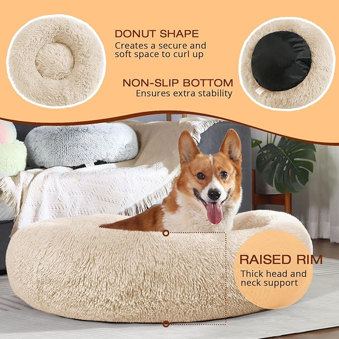 JOLLYVOGUE Dog Bed, Calming Anti-Anxiety Large Dog Bed, Fluffy Donut Cushion for Medium and Large Pets (27"/30"/36")