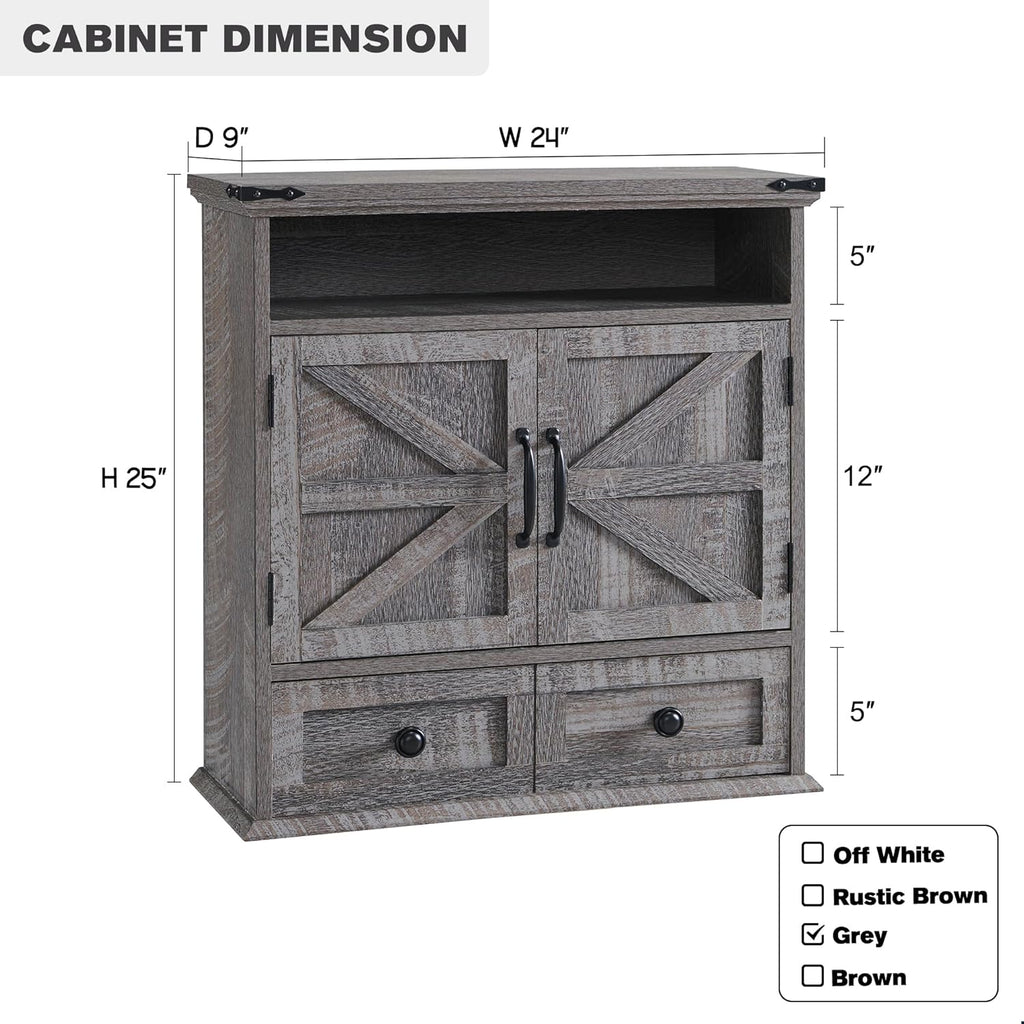 ACCOHOHO Bathroom Wall Cabinet, Farmhouse Medicine Cabinet, 24" Wide Cabinet with Drawer, Adjustable Shelf, Double Barn Doors, Storage Cabinet for Bathroom, Kitchen, Living Room, Grey Wash