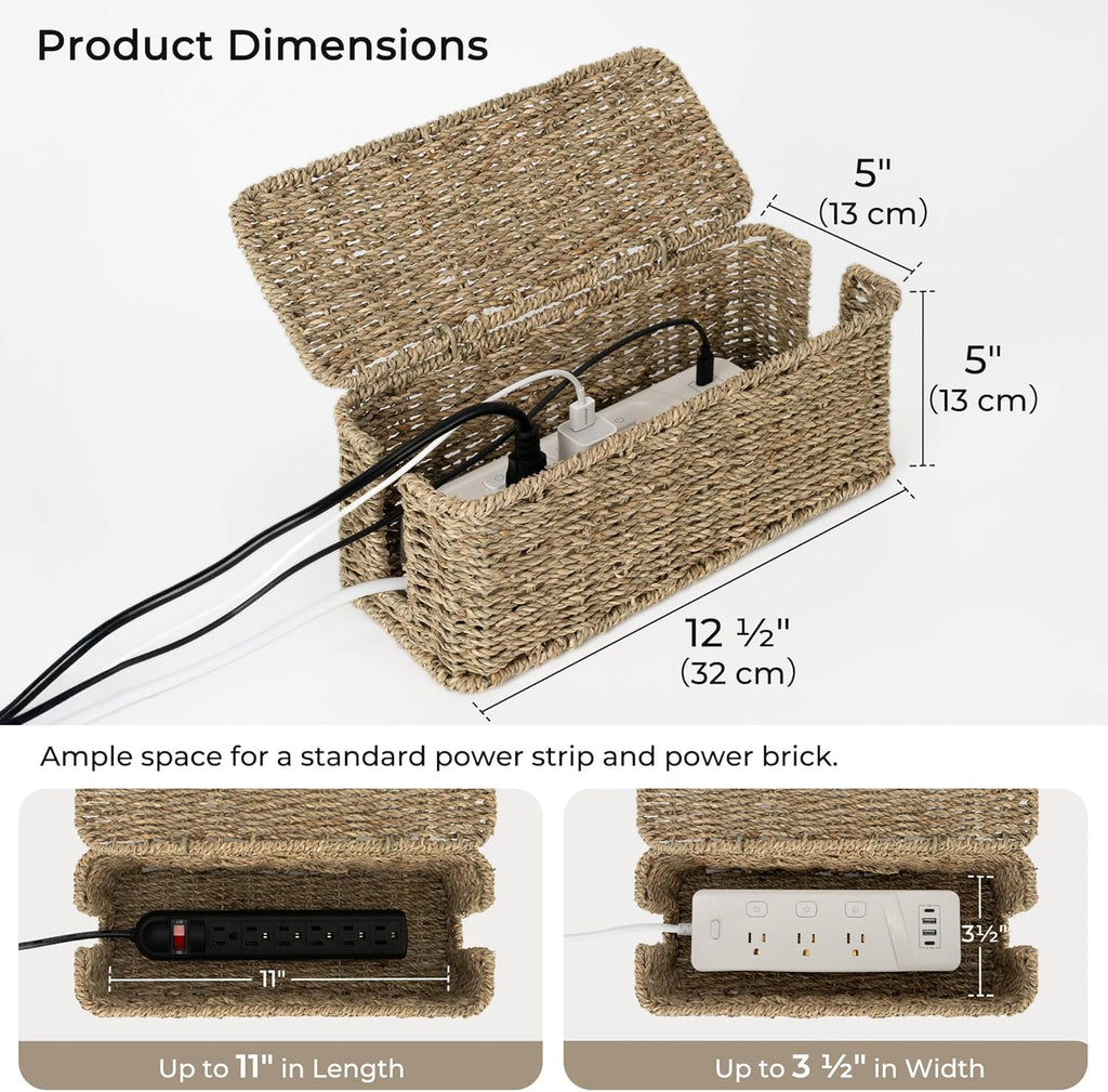 StorageWorks Cable Management Box, 2 Slots Wicker Cable Organizer to Hide Cords and Power Strip, Seagrass Cord Hider Box for Home & Office