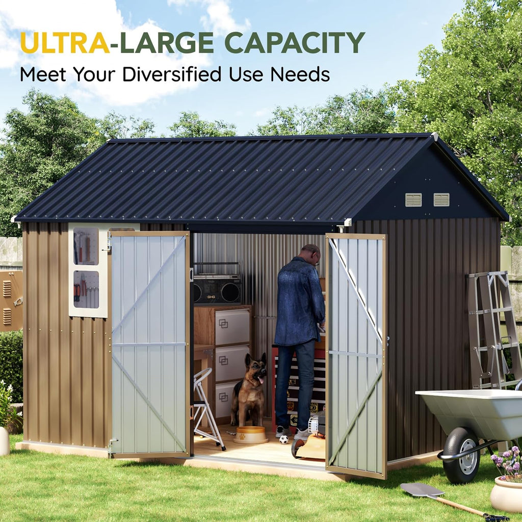 Breezz 8X10FT Outdoor Steel Storage Shed with Clear Window, Lockable Doors, Weather-Resistant Metal Tool Shed for Garden, Backyard, Patio, and Utility Storage.Brown