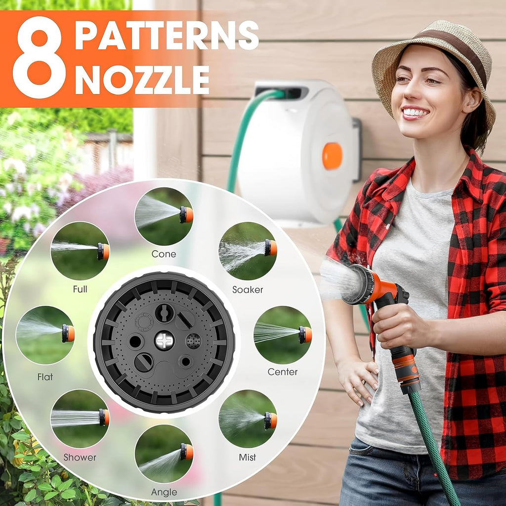 Retractable Garden Hose Reel 1/2 Inch x 100ft Wall Mounted, Auto Lock & Slow Retraction System, 8-Function Spray Nozzle, 180° Swivel Bracket, Heavy Duty Metal & PVC Construction (White, 100ft)