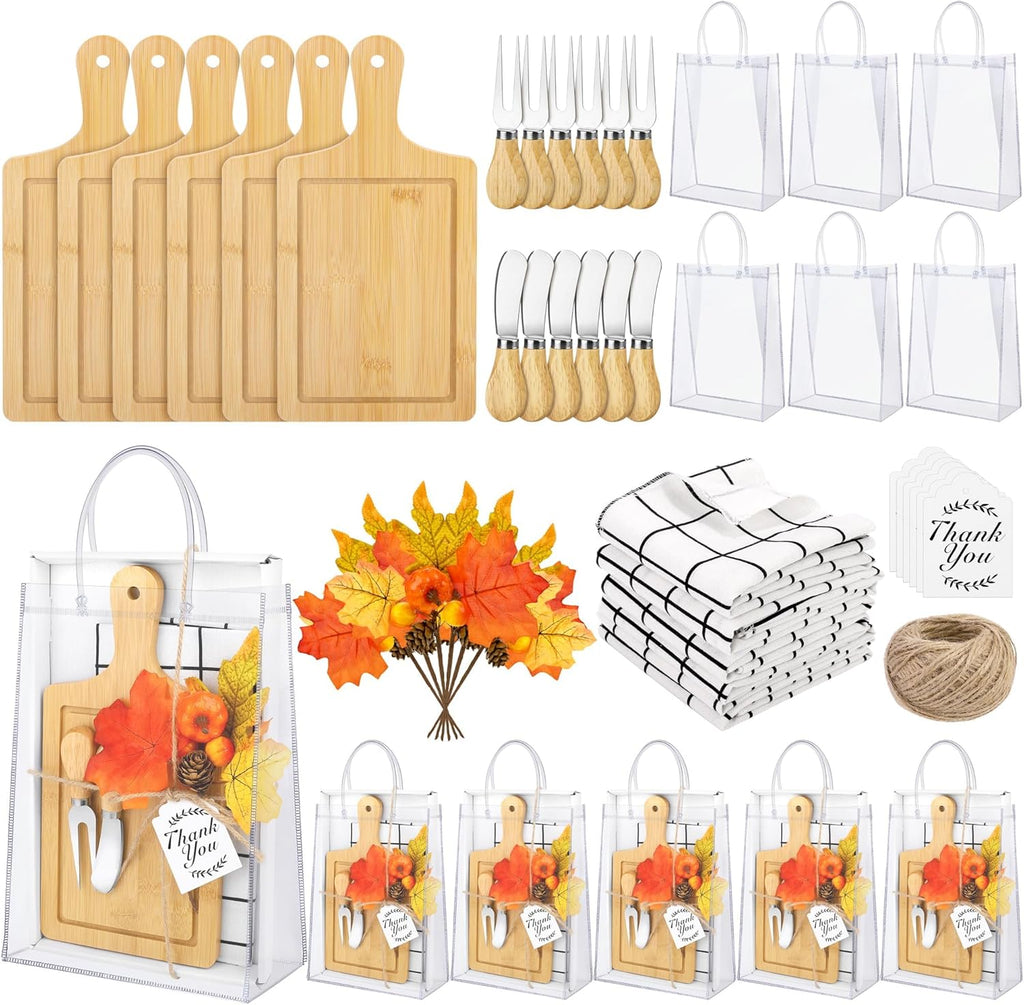 6 Sets Autumn Gifts Bridal Shower Favor 43 Pcs Wooden Square Cheese Board with Knives Forks Kitchen Towels Tags, Pre-Assembled Gifts for Fall Thanksgiving Party Supplies Winner Game Prizes