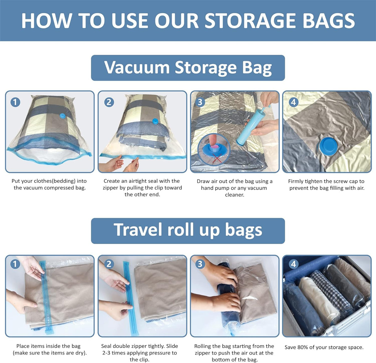 12 Pack Vacuum Storage Bags, Space Saver Vacuum Storage Bags, Vacuum Seal Bags for Clothing, Clothes, Comforters and Blankets, Hand Pump Included