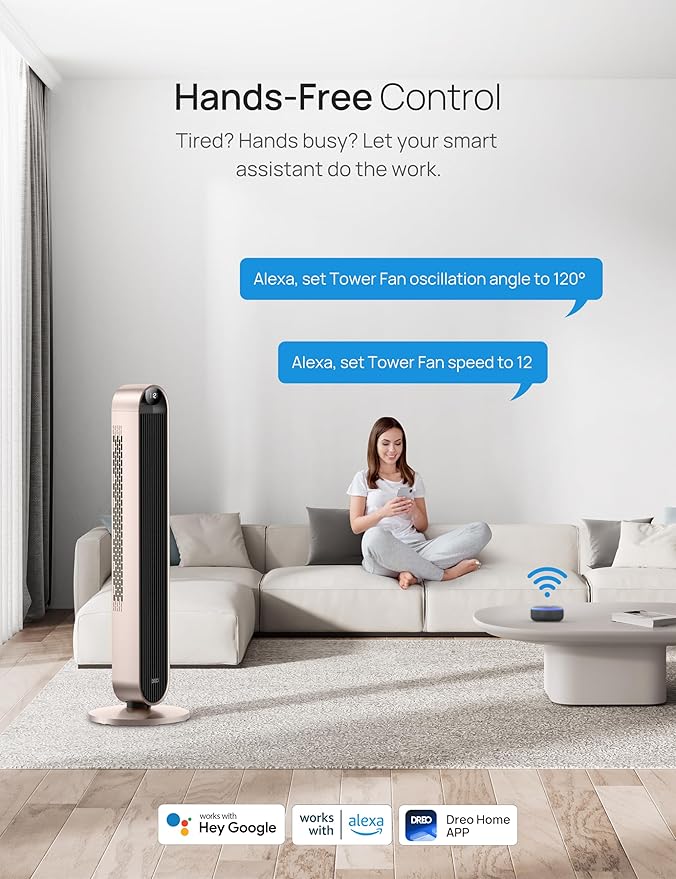Dreo Smart Tower Fan Voice Control, 120° Oscillating Fan Works