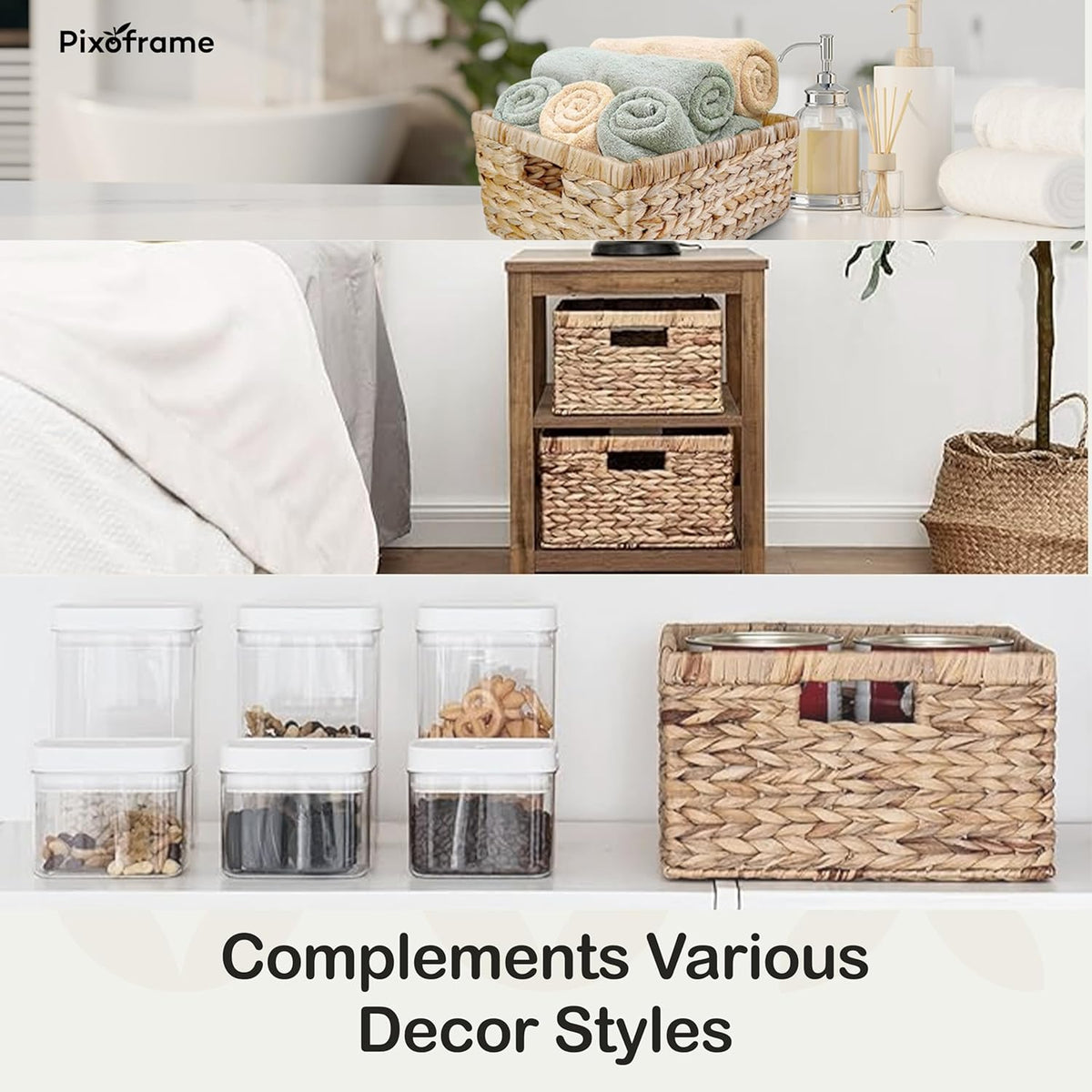 Large Rectangular Handwoven Wicker Basket - Natural Water Hyacinth Storage Baskets with 2 Built-in Handles - Ideal for Towel, Blankets, and Home Organizer & Decor - 16.5"x13"x7.50" - Brown