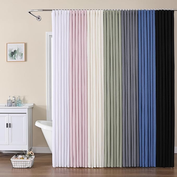 OVZME Long Fabric Shower Curtain Set, Waffle Textured Shower Curtain for Bathroom - Weight 230GSM Heavy Duty Hotel Spa Luxury Bath Curtain Set with 12 Plastic Hooks, 72x78, Black