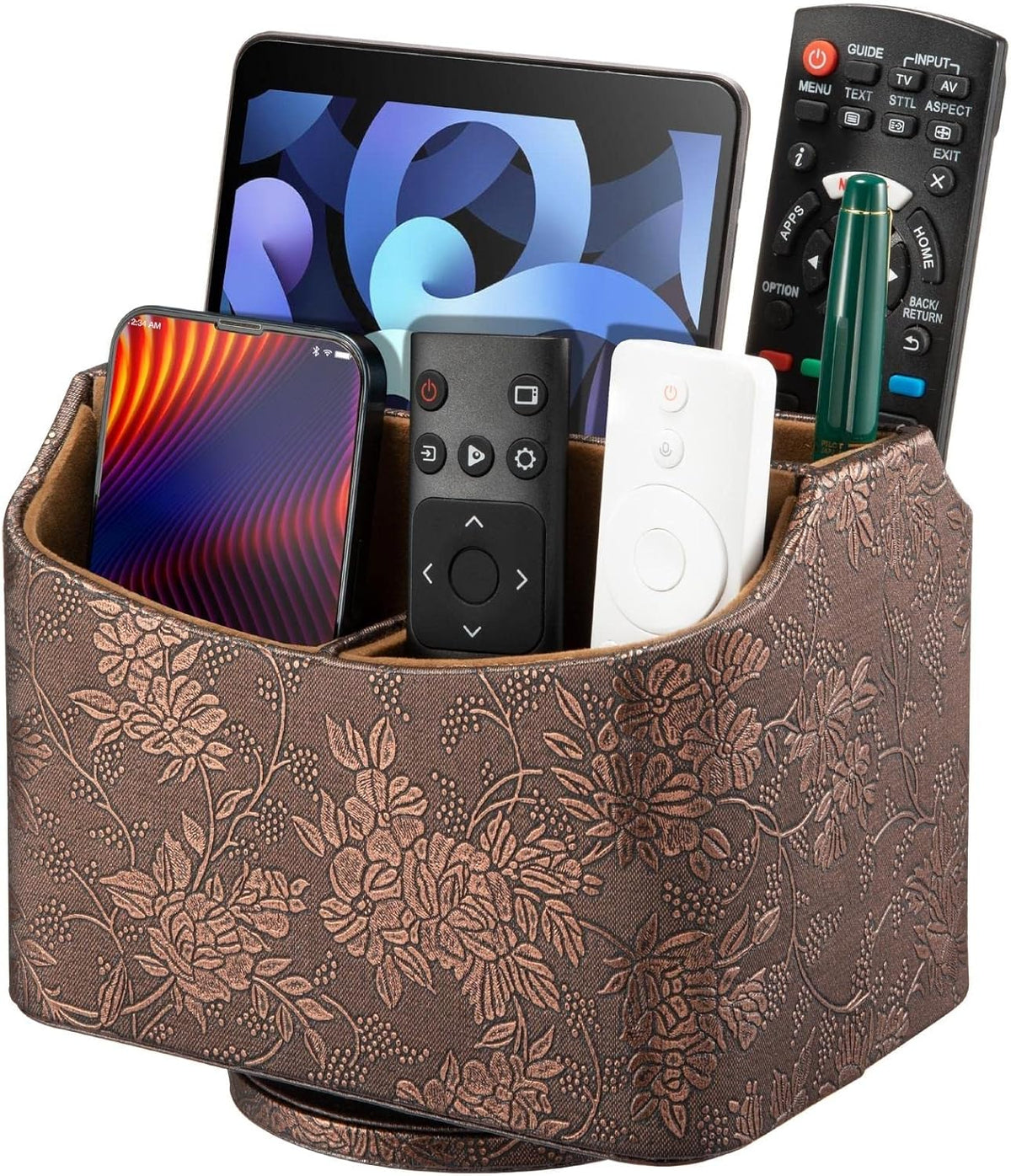 Remote Control Holder, Spinning Desk Organizer, Nightstand Bedside Caddy for TV Remotes/Tablets/Phones/Eyeglasses/Books/Pens - Antique