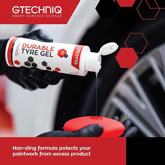 Gtechniq T1 Durable Tyre Gel for Car Tyre Shine, Car Wheel Cleaner Repels Water, Dirt and Grime, Restores Tyre Black Finish, Anti-Sling Formula, 100% Biodegradable, 250ml