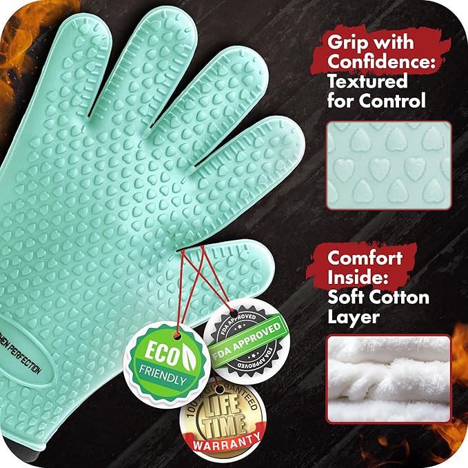 KITCHEN PERFECTION Silicone Smoker Oven Gloves -Extreme Heat Resistant BBQ Gloves -Handle Hot Food Right on Your Smoker Grill Fryer Pit|Waterproof Oven Mitts Grill Gloves |Superior Value Set+3 Bonuses