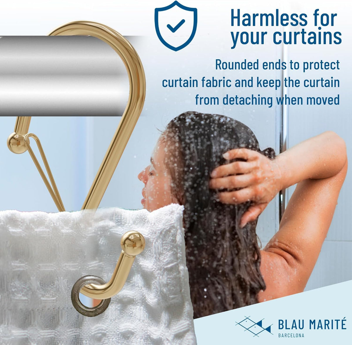 12 Decorative Metal Shower Curtain Hooks, S-Shaped Hooks with Anti-Fall System, Rust-Proof Shower Rings with Safety Buckle, Fits Rods Up to 1-Inch Diameter (S, Gold)