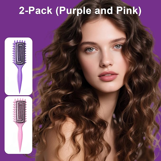2-Pack Curly Hair Brush, Curl Defining Brush with Soft Boar Bristles Detangling Tangled Glides, Wide-Teeth Design Effortlessly Shaping & Defining Curls, Curling Definer for Wet & Dry Hair(Pink Purple)