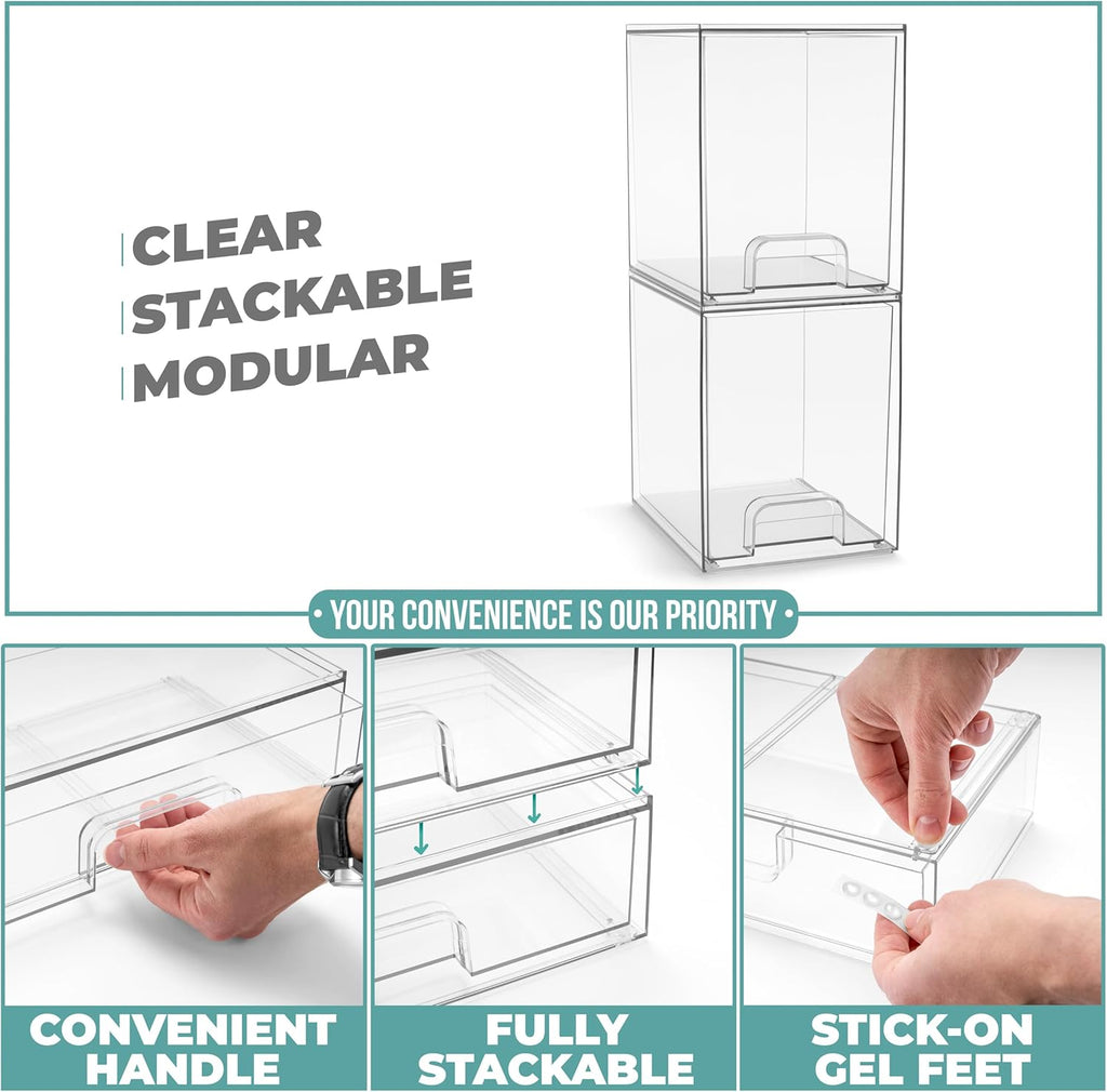 Sorbus Acrylic Storage Containers - 2 Pack, Stackable Storage Bins Set for Bathroom Organization - Clear Acrylic Drawer Organizers - Makeup Case Pull-Out Drawers (7.6’’ Tall)