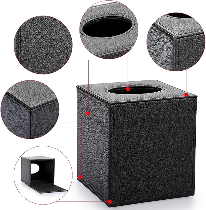 Sumnacon Tissue Box Cover Square Tissue Box Stylish PU Tissue Box Holder with Magnetic Bottom,Leather Cube Tissue Cover for Living Room Bathroom Bedroom Table Desk Home Office Car, Black