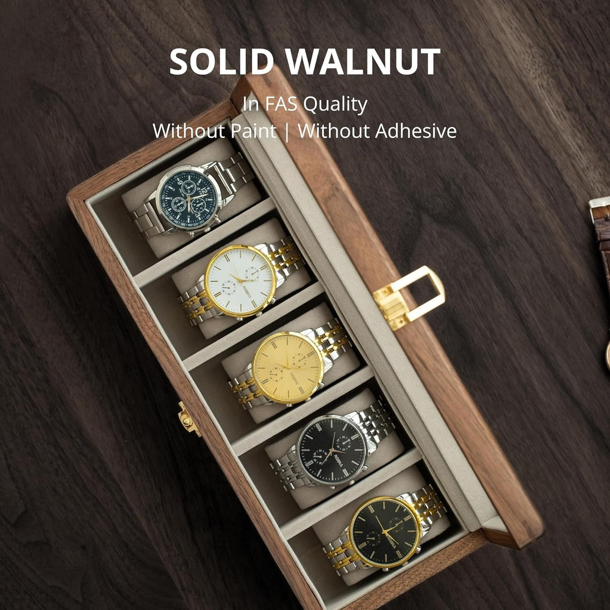 muso wood Watch Display Box, 5 Slot Watch Case for Men, Watch Organizer Box with Glass Lid, Watch Case with Removable Velvet Pillow, Father's Day Gift - 5 Slot, Walnut