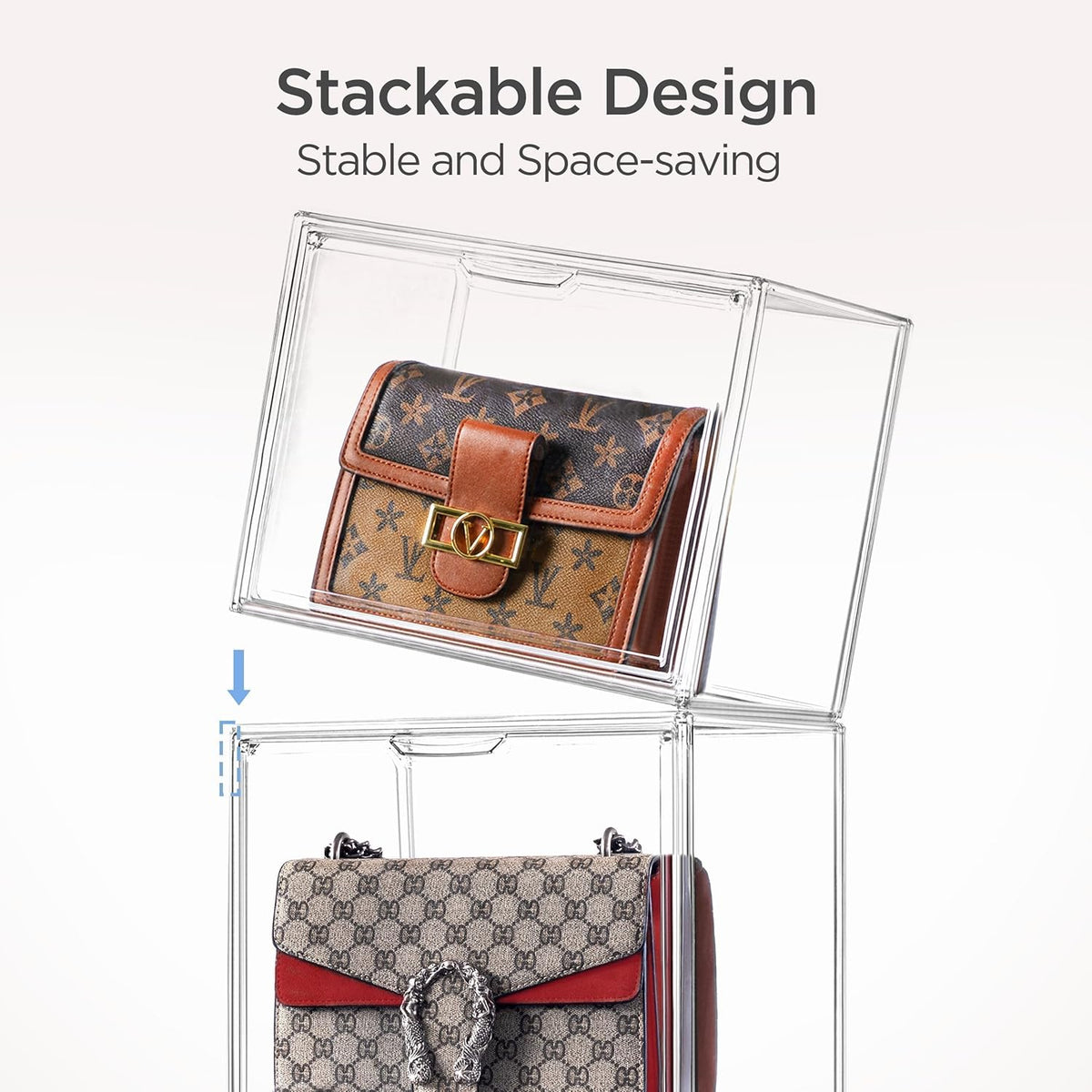 HBlife 3 Pack Purse Storage Organizer for Closet, Large Clear Stackable Handbag Display Case Box with Magnetic Door for Collectibles, Cosmetics, Women Heels and Toys