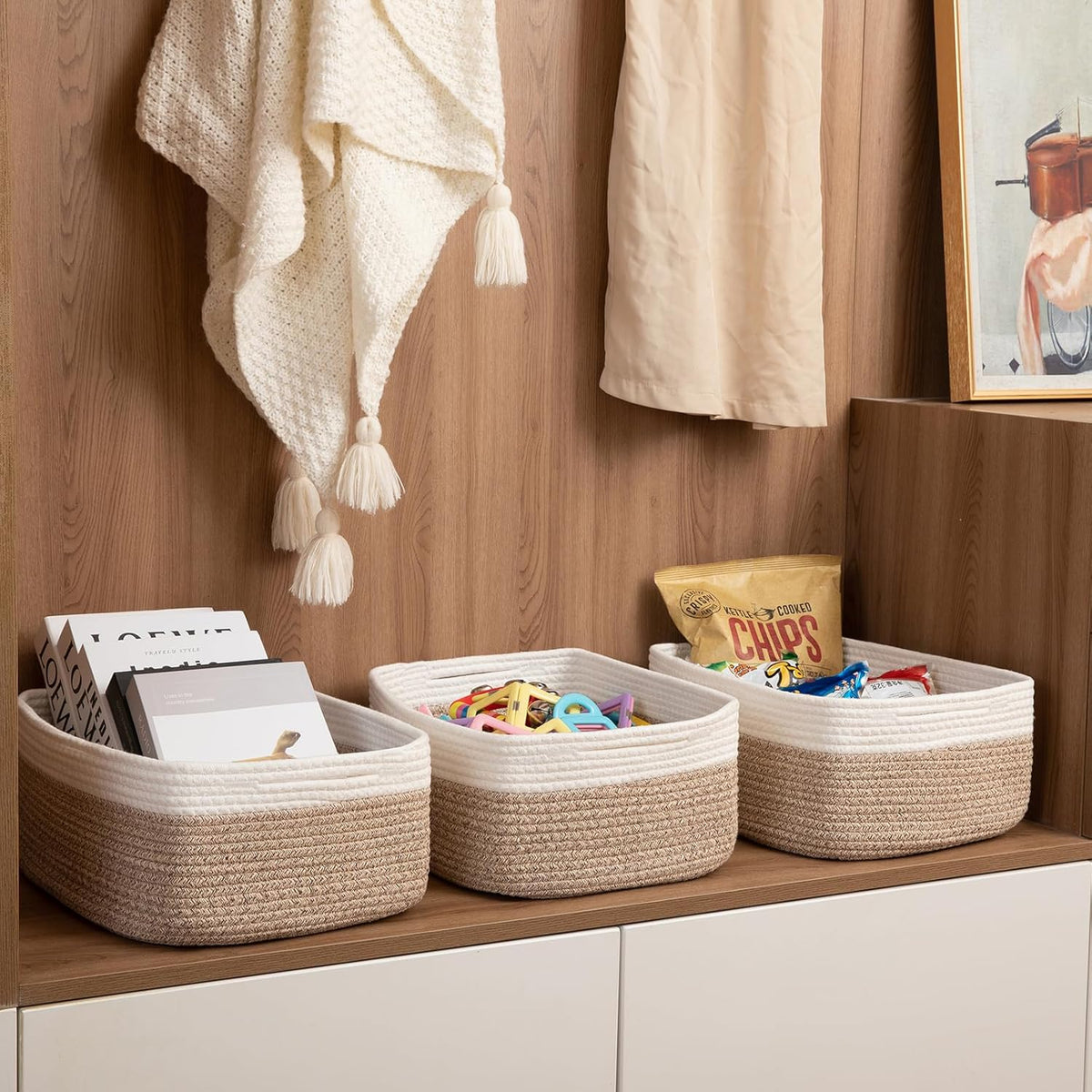 Storage Baskets for Organizing 3 Pack, Woven Baskets for Shelves, Closet Organizer Bins Empty Gift Basket Toy Storage for Toys, Books, Towels, Clothes, 15"x11.42"x6.7", Yellow