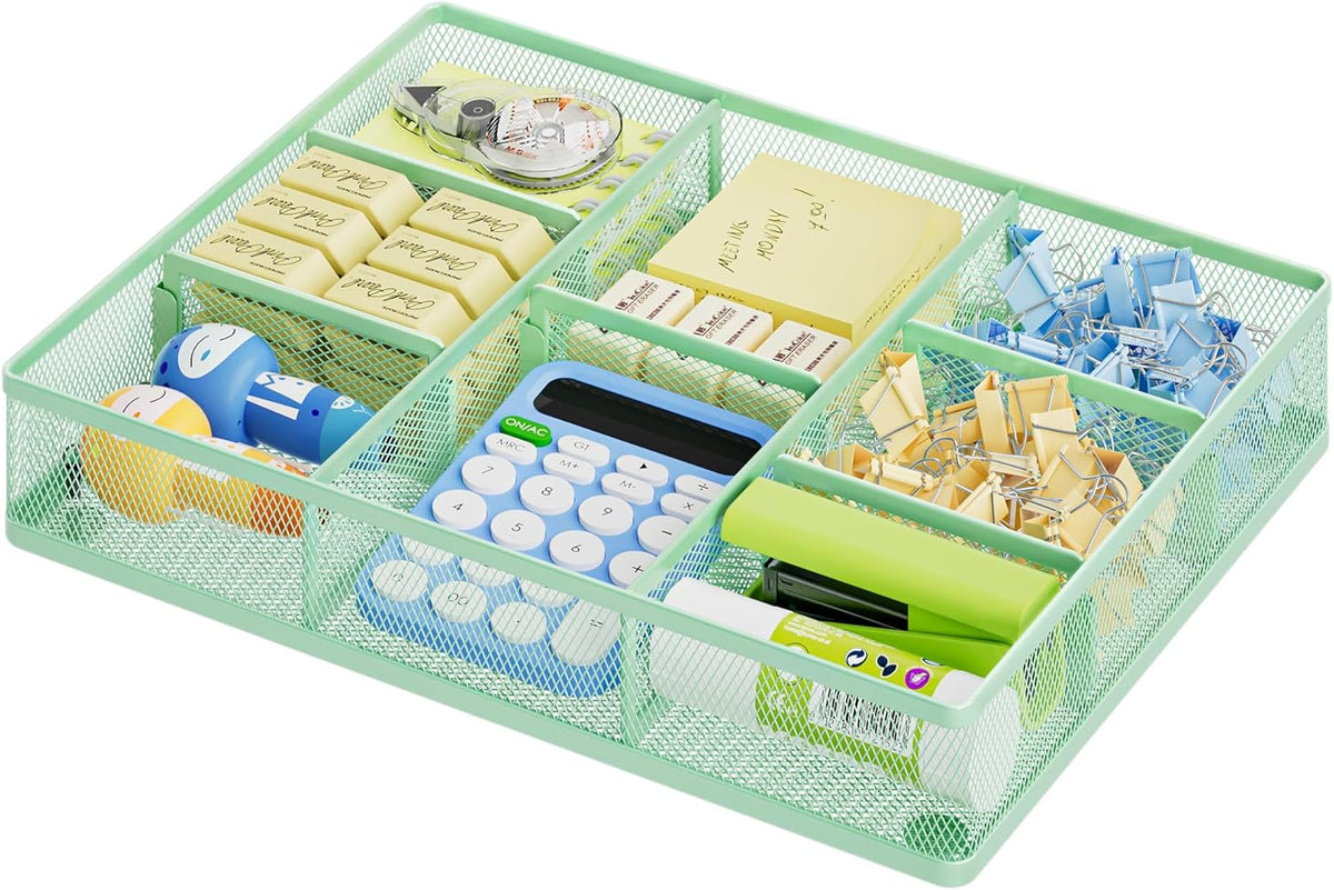 Marbrasse Desk Drawer Organizer, Metal Mesh Drawer Organizer Tray with 5 Adjustable Compartments,Desk Organizers and Accessories for Home,Office,Kitchen,Makeup,Vanity (Green)