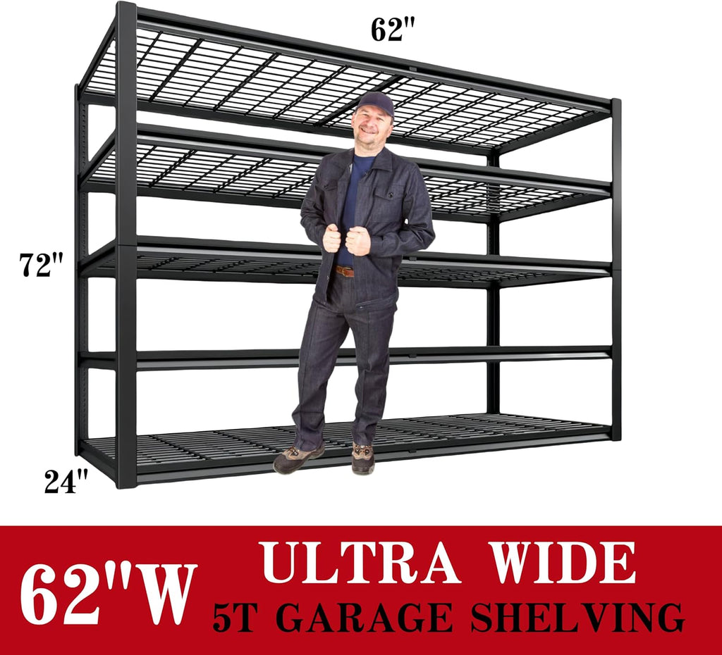 62" W x 24" D x 72" H Garage Shelving Heavy Duty Metal Shelving 3500LBS Storage Shelves Adjustable Metal Shelves for Storage Industrial Garage Shelves for Warehouse Basement (5T 72*62*24)