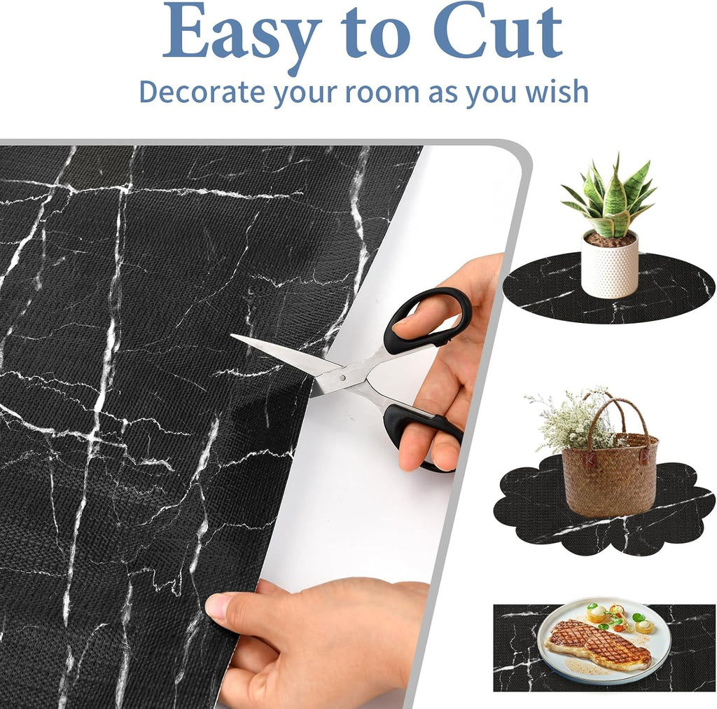 Drawer and Shelf Liner for Kitchen Cabinet: 17 in X 30 Ft Non Slip Waterproof Shelf Paper Non Adhesive Refrigerator Liners Black Marble Easy Liners for Bathroom with Knife Tape Measure