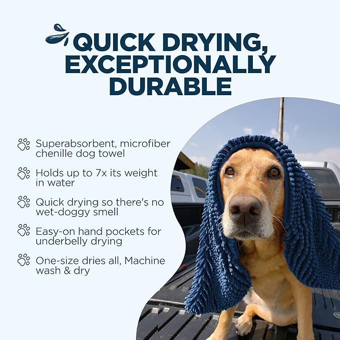 Soggy Doggy Super Shammy Dog Towel - Microfiber Chenille Towel for Drying Dogs and Cleaning Paws - Fast Drying with Hand Pockets for Ease (Navy Blue, 31” x 14”)