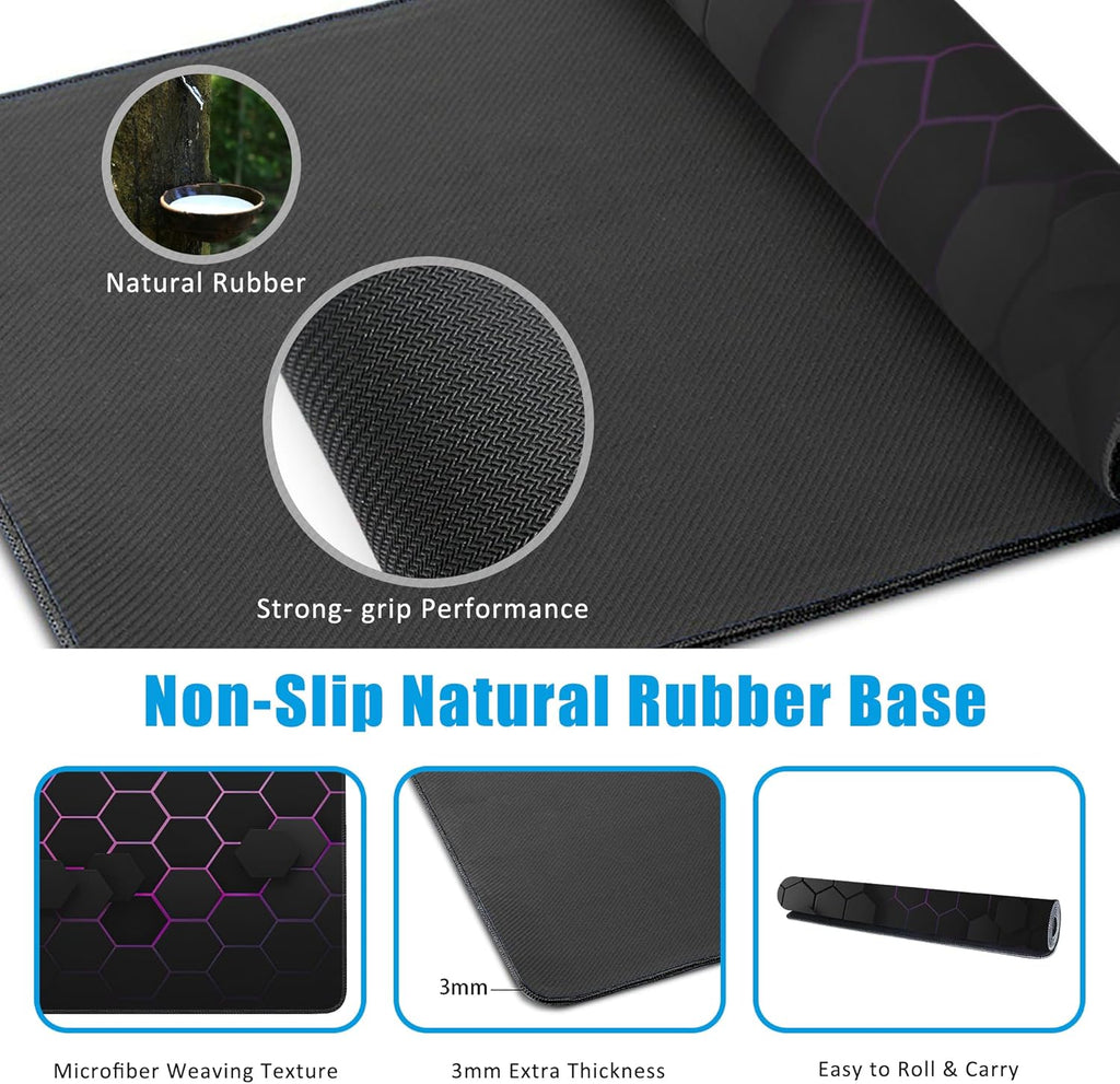 Grid with Purple Light Large Gaming Mouse Pad,Waterproof Desk Mat for Desktop,Non-Slip Rubber Base Mousepad with Stitched Edges for Laptop Office and Home 35.4X15.7 Inch