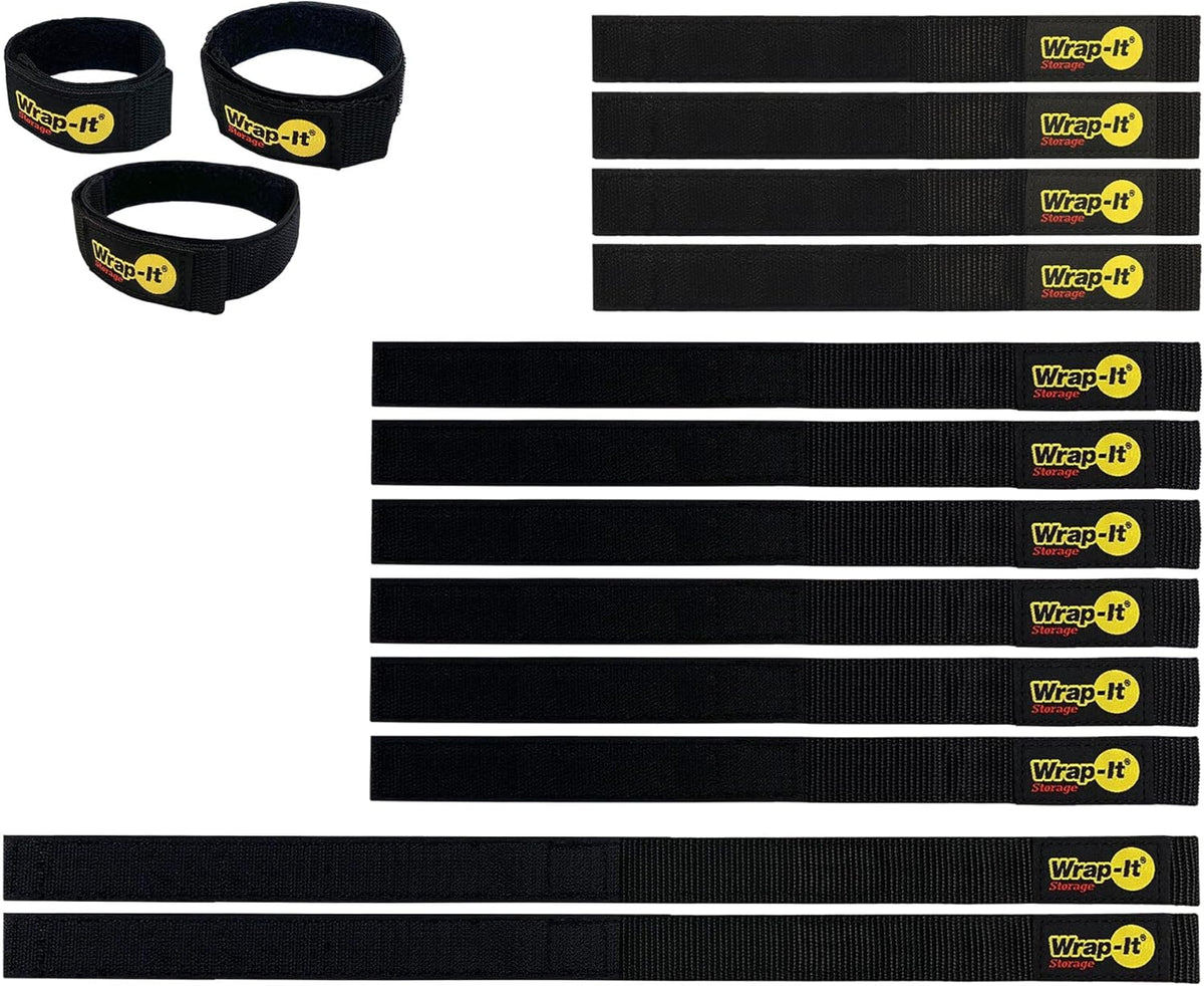 Quick-Straps by Wrap-It Storage - Assorted 12-Pack Black - Hook and Loop Hose and Cable Organizers